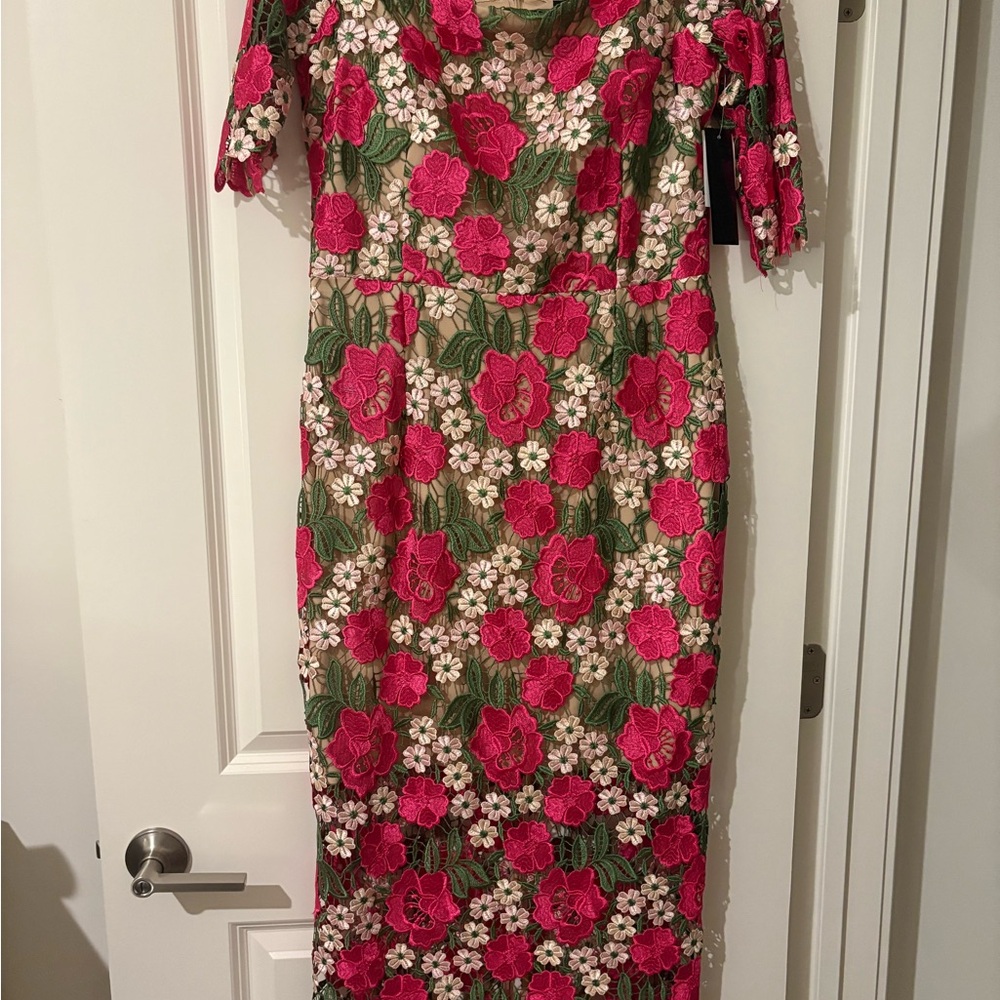 Xscape Pink and Green Floral Midi Dress